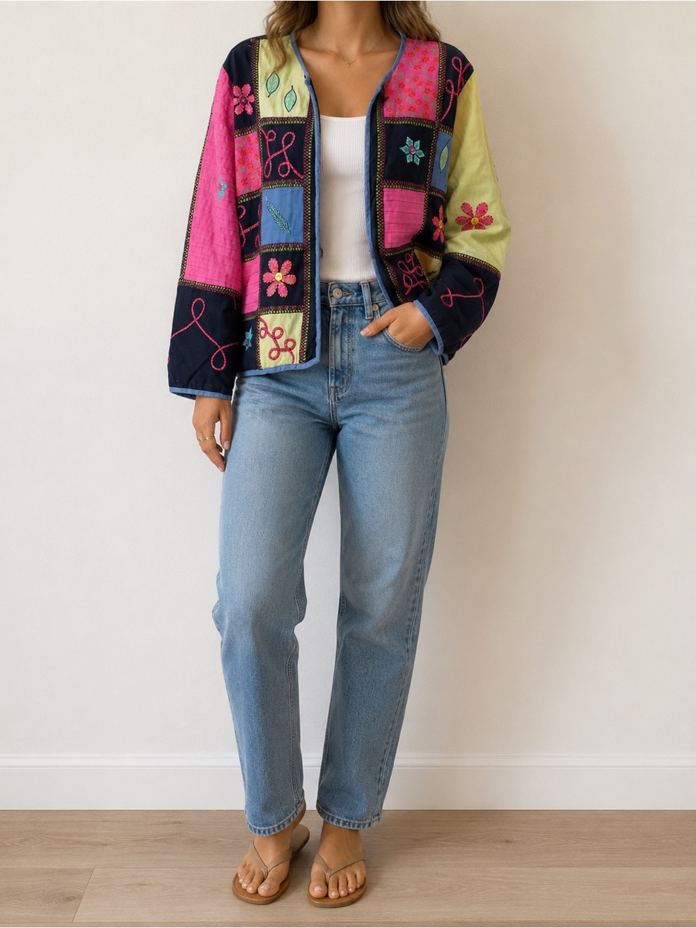 Patchwork Embroidered Open-Front Jacket